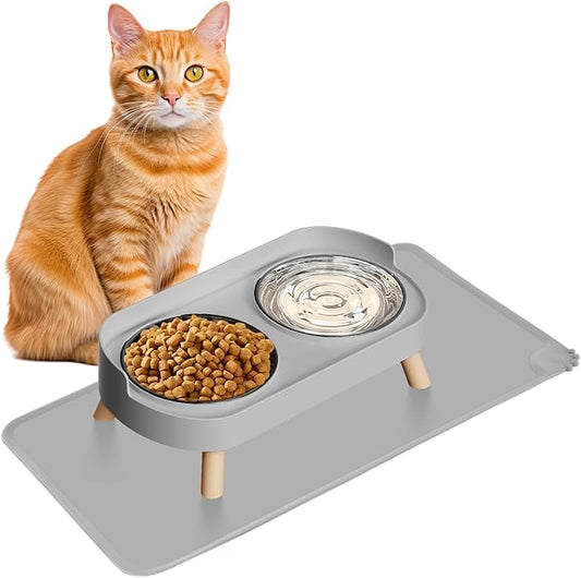 Elevated Cat Bowl with Food Mat, Raised Cat Food and Water Bowl Set for Indoor Cats, Splash Proof with 2 Stainless Steel Pet Food Bowls for Cats and Puppies,Whisker Fatigue and Dishwasher Safe (Grey)