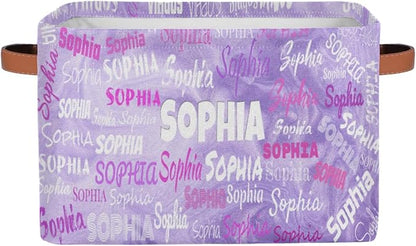 Custom Storage Baskets for Kids with Name, Large Foldable Organizer Collapsible Storage Bin with Leather Handle for Home Toys Closet Nursery, Light Purple Sand Texture Pattern