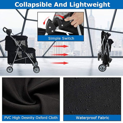 HKLGorg Double Pet Stroller Dog Stroller for 2 Dogs Cats, Foldable Pet Stroller Cat Stroller with 4 Wheels & Soft Pad for Medium Small Dogs Cats Travel Camping Crate Waterproof Folding Stroller(Black)