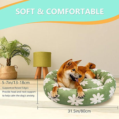 31 Inch Calming Dog Bed for Medium Dogs, Round Anti-Anxiety Warm Bed, Soft Cozy Anti-Slip Donut Washable Pet Bed, Fits up to 50 lbs Pets
