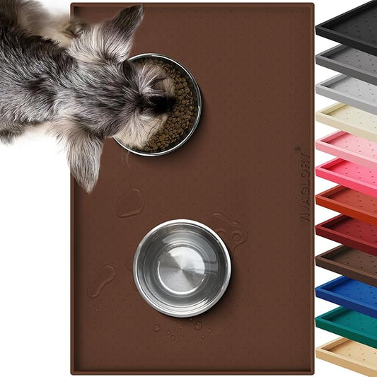 VIVAGLORY Dog Bowl Mat Grippymat Pet Food Mat, Waterproof Washable Nonslip Silicone for Pet & Cat, Food and Water Placemat with Lip & Raised Edges for Indoor Floor, L, Chocolate
