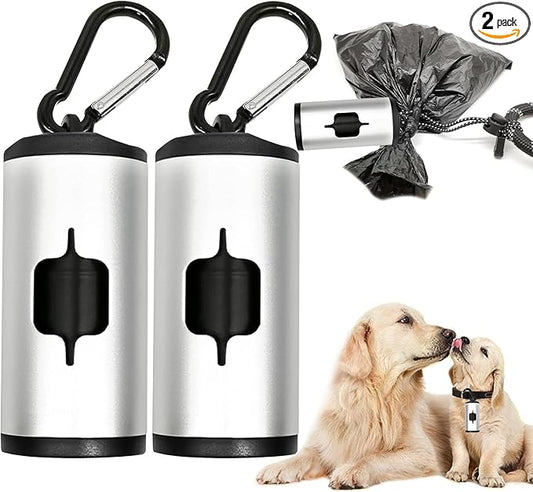 Aluminum Dog Poop Bags Holder with Carabiner Metal Pet Waste Bags Dispenser with Hook and Loop Fastener and Elastic Cord to Carry Used Bags (Silver)