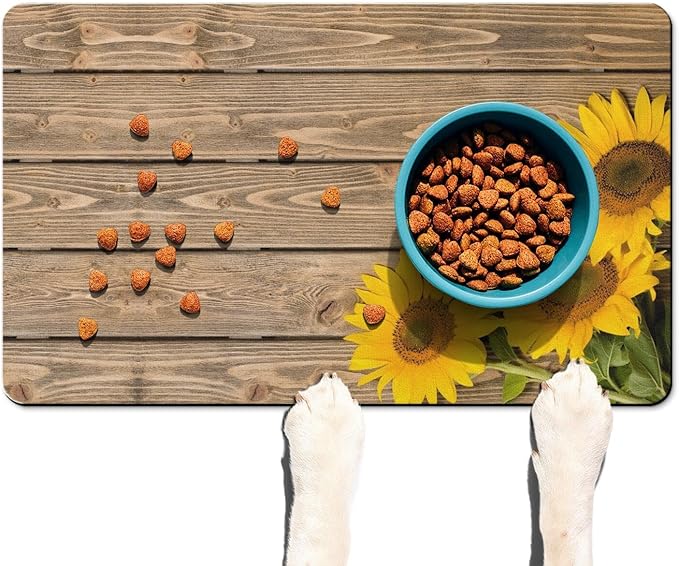 Dog Food Mats for Floors Absorbent, Cat Food Mat - Pet Cat Feeding Mat Quick Dry, Dog Bowl Mats for Water, Pet Supplies Feeding Placemat 12" x 20" Wood Grain Sunflower