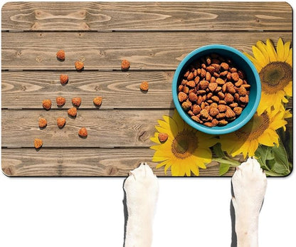 Dog Food Mats for Floors Absorbent, Cat Food Mat - Pet Cat Feeding Mat Quick Dry, Dog Bowl Mats for Water, Pet Supplies Feeding Placemat 16" x 24" Wood Grain Sunflower