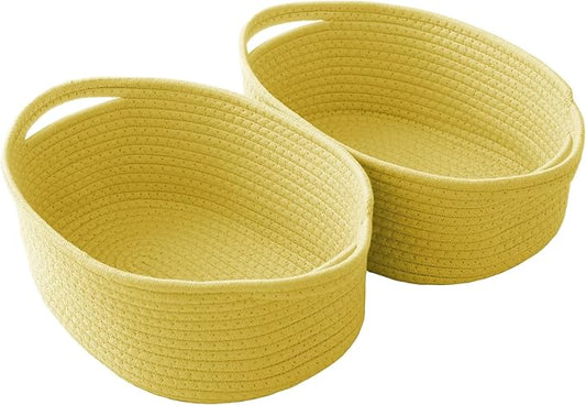 Woven Basket,Small Rope Storage Bin with Handles & Ribbon Bag, Organizer for Shelves Closets,Gift Basket Empty for Birthday,Books,Dog Toys, Yellow/2 Pack