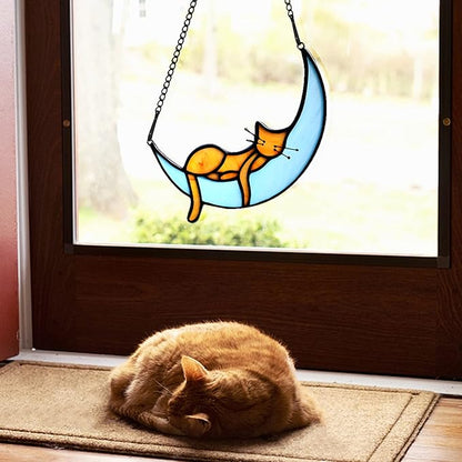 BOXCASA Orange Cat Suncatchers Handcrafted Stained Glass Window Hanging - Moon Phase Memorial Gifts for Cat Lovers,Birthday,Christmas Day, for Women,Mom