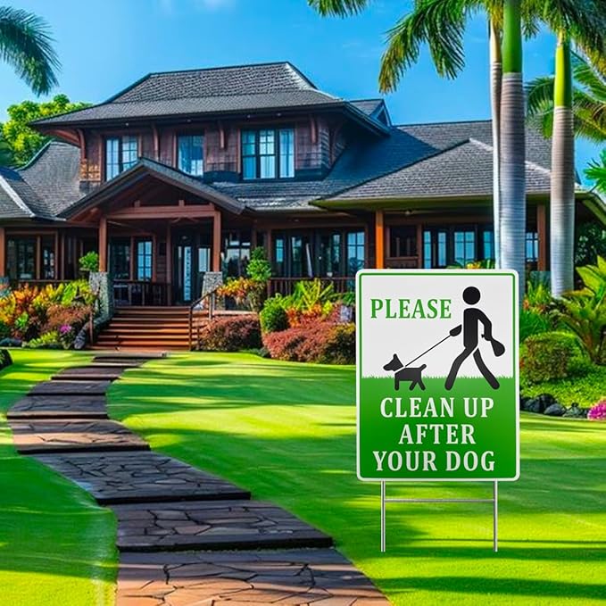 Clean Up After Your Dog Signs, 2 Pack 12"x9" with Metal H-Stakes No Poop Double Sided Pick Up After Your Dog Signs For Yard