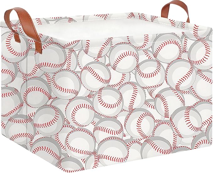CLOCOR Rectangular Storage Basket,Collapsible Cute Pattern Storage Bin,Waterproof Books Box with Handles,Gift Basket(Big Baseball)