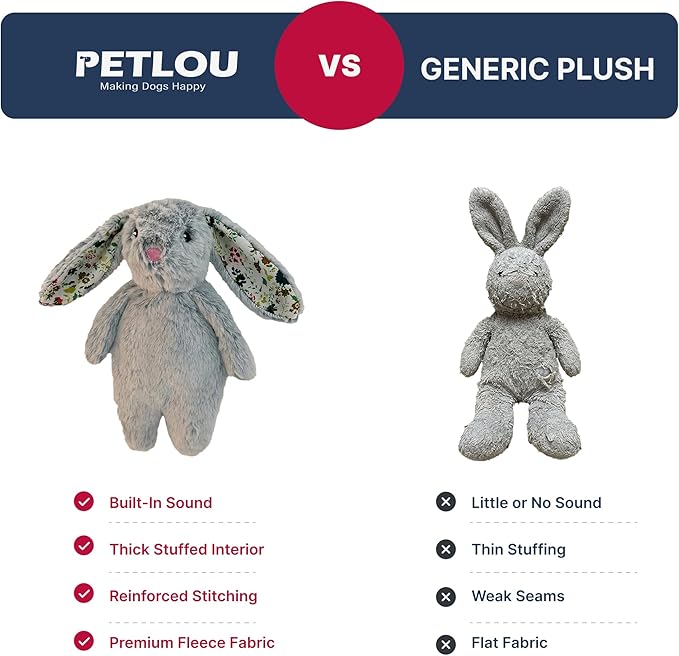 Pet Lou Floppy Rabbit Stuffingless Plush Dog Toy with Squeaker and Crinkle Paper, Soft, Durable Plush Dog Chew Toy for Interactive Play, 13 Inch, French Blue
