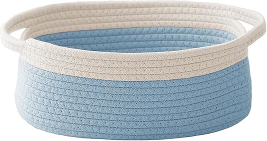 Woven Basket,Small Rope Storage Bin with Handles & Ribbon Bag, Organizer for Shelves Closets,Gift Basket Empty for Birthday,Books,Dog Toys, White&Blue