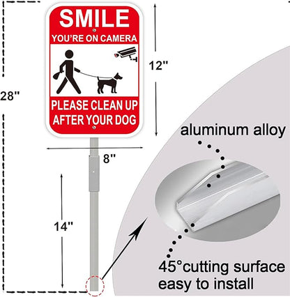 2Pack Clean UP After Your Dog Signs with 28-inch Metal Stake, 12x8 Inches, Smile You're on Camera, No Pooping Signs for Yard Aluminum