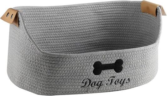 Woven Dog Toy Baskets ,Rope Basket for Dog Toys,Collapsible Dog Toy Bin with Leather Handles,Trapezoidal Puppy Toy Storage Basket,Chewproof Dog Organizer for Toys,Collar,Leash,blankets-Gray