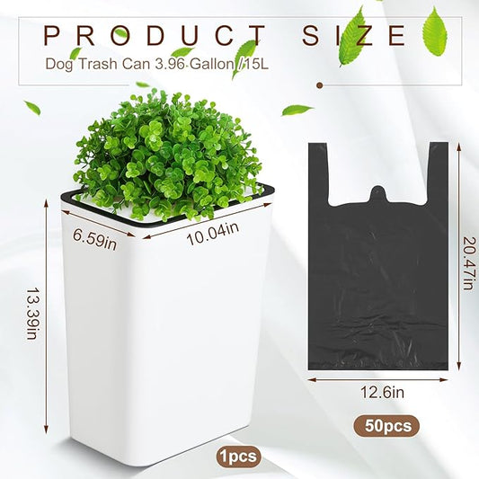 Jingmore Dog Poop Trash Can Outside 3.96 Gal/15 L Plant Styled Dog Waste Trash Can with Lid 50 Pcs Plastic Waste Bags Outdoor Indoor Poop Container Slim Garbage Bin for Yard Garden Pet (White)