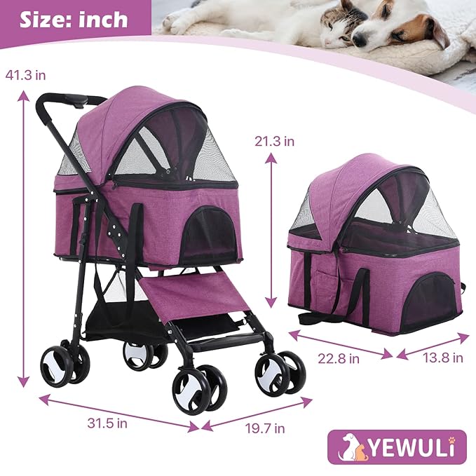 Dog Strollers Pet Cat Stroller 3-in-1 Detachable Doggy Stroller 4 Wheel Dog Travel Cart for Small Medium Dogs Folding Cat Walker Wagons for Dogs Trolley for Doggie Rabbit Puppy Strollers, Purple