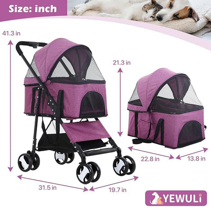 Dog Strollers Pet Cat Stroller 3-in-1 Detachable Doggy Stroller 4 Wheel Dog Travel Cart for Small Medium Dogs Folding Cat Walker Wagons for Dogs Trolley for Doggie Rabbit Puppy Strollers, Purple
