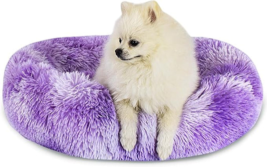 Calming Dog Bed for Small Dogs Cats, Kitty Puppy 23'' Round Anti-Anxiety Warm Fluffy Plush Faux Fur Bed, Soft Anti-Slip Donut Washable Small Pet Bed, Cozy Cat Puppy Bed, Fits up to 30 lbs Pets