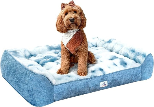 42” Dog Bed with Shredded Foam Filling, Calming Pet Sofa with Removable Washable Cover, Soft Faux Fur Bolster Couch for Dogs, Anti-Slip Bottom