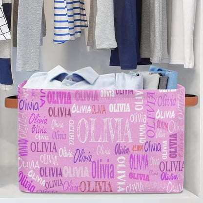 Personalized Storage Bins, Customized Name Storage Basket Rectangle Clothes Organizer for Organizing Kids and Pets Toys Shelf Closet, Pink Color Background