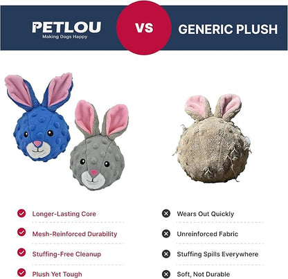 Pet Lou 4-Inch Rabbit Plush EZ Squeaky Ball Dog Toy, Set of 2, Lightweight Portable Plush Squeaky Dog Toys with TPR Core, Stuffing-Free, for All Breed Sizes