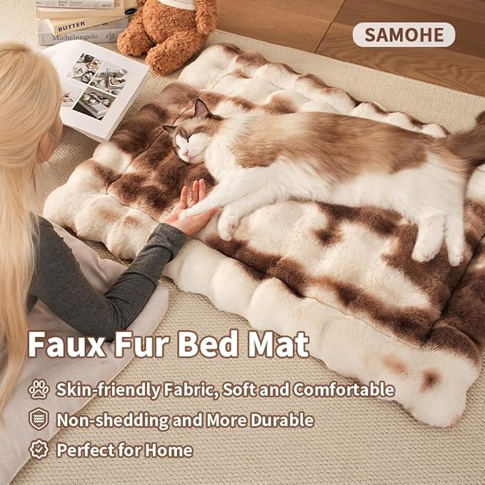 Cat Bed, Plush Faux Fur Kneading Flat Mat - Machine Washable Fluffy Pet Bed for Indoor Cats, Non-Slip Small Kitten Bed, Therapeutic Knead Cat Mat for Couch & Window Sill, 23"×15" Inch,Brown
