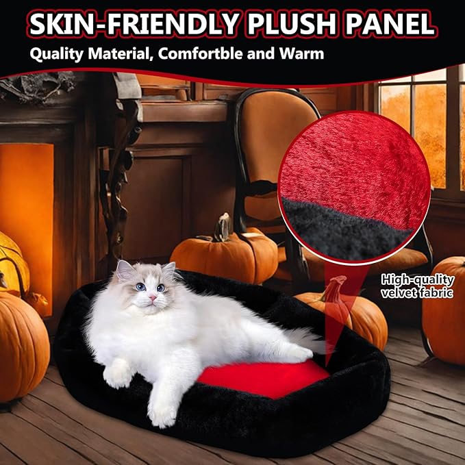 Cat Beds for Indoor Cats, Gothic Cat Beds Fits up to 30 lbs, Washble Coffin Dog Bed, Fluffy Pet Bed, Halloween House 28 * 20 Inch, Red & Black Medium