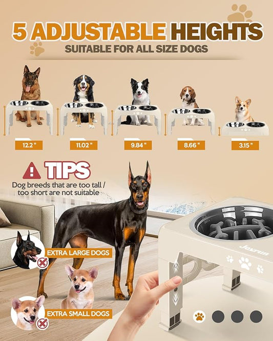 Elevated Dog Bowls, Non-Slip Dog Feeder with 1*Stainless Steel Dishes & 1*Slow Feeder Bowl, 5 Heights Adjustable Raised Bowls for 3.15″-8.66″-9.84″-11.02″-12.2″