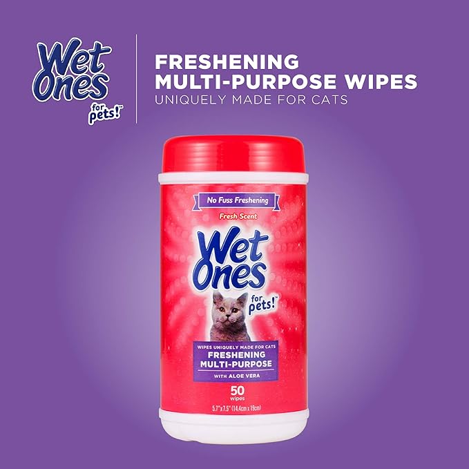 Wet Ones for Cats Freshening Wipes, Multi-Purpose Cat Grooming Wipes with Aloe Vera, Helps Remove Dirt, Odor, and Dander Between Baths, Fresh Scent, 50 Count - 12 Pack