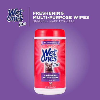 Wet Ones for Cats Freshening Wipes, Multi-Purpose Cat Grooming Wipes with Aloe Vera, Helps Remove Dirt, Odor, and Dander Between Baths, Fresh Scent, 50 Count - 12 Pack