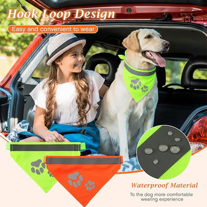 Saintrygo 2 Pieces Dog Bandanas Reflective Dog Scarf Yellow High Visibility Safety Camping Puppy Bandanas Triangle Bibs for Medium Large Pets Cats Puppy (16-20.5 Inches,Paw Neck)