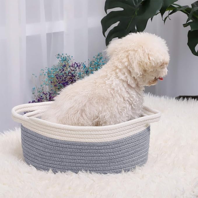 ABenkle Small Basket with Handles, Boho Decorative Rope Woven Dog Cat Toy Storage Bin Shelf Storage Organizer, Easter Christmas Gift Basket, 12"x8"x5", Grey