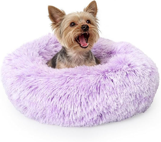 Purple and White Cat Bed for Indoor Cats Washable 15 inches Donut Soft Small Pet Bed,Calming Anti Anxiety Round Fits up to 5 lbs Warm Comfort Kitten Bed Indoor