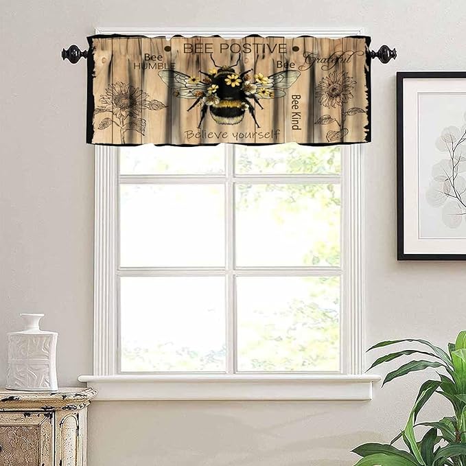 Bee Valances Curtain for Kitchen, Bee Farmhouse Sunflower Wooden Planks Window Treatment Valances Short Curtains Rod Pocket Drape for Dining Room Home Farmhouse Decor, 54x18inch