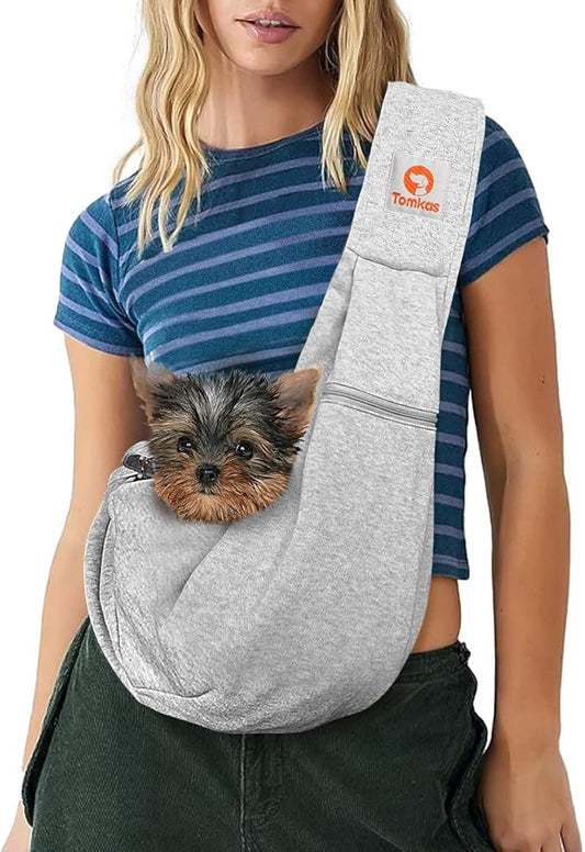 Tomkas Small Dog Sling Carrier - Zipper Pocket & Adjustable Strap - for 3-10 lbs Pets(Gray) Puppy