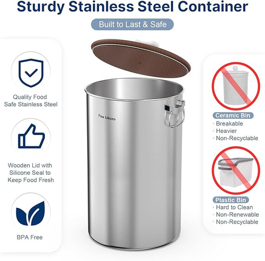 2PK 35 Lbs total 70Lbs Stainless Steel Dog Food Storage Container with Airtight Wooden Lid & Ceramic Bone Handle, Large Metal Dog Food Bin for Dogs & Cats, Keep Fresh, Easy to Clean