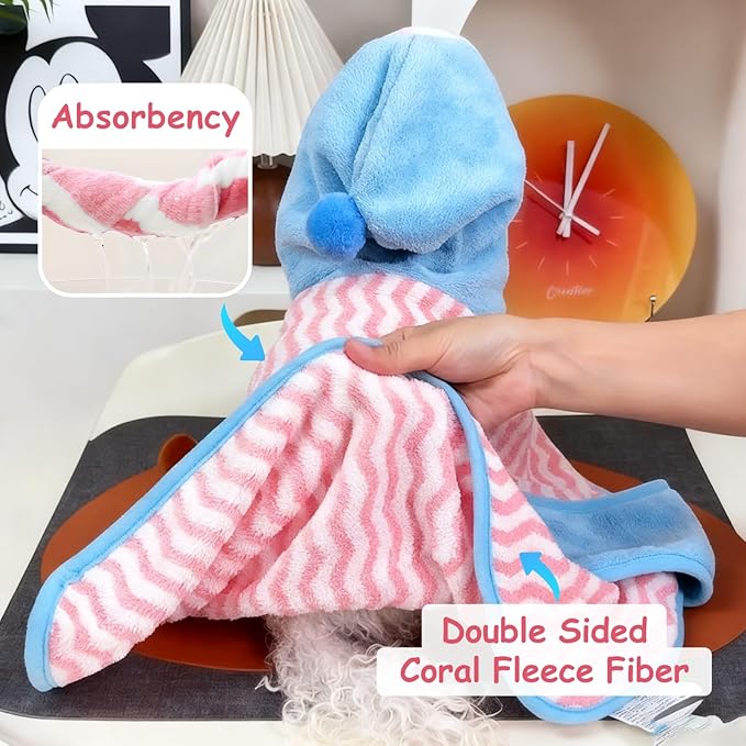 Color Block Absorbent Pet Bathrobe, Soft Bath Towels Hooded Robe for Dogs and Large Cats, Puppy Washable Adjustable Belly Strap Fast Drying Coat, 1 Piece