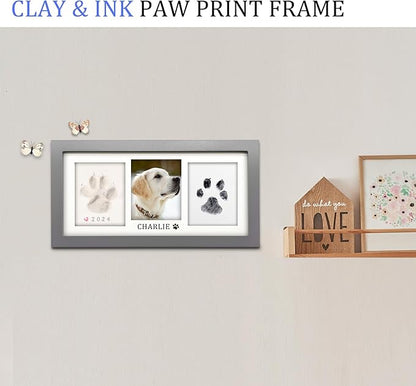 MYPAWLETS Paw Print Frame Kit,Dog/Cat Paw Print Kit,Soft Pawprint Clay&Clean Touch Ink Pad,Pet Paw Print Impression Kit with Customization Tool,Wooden Pet Memorial Frame,DIY Dog Lover Gifts-Grey