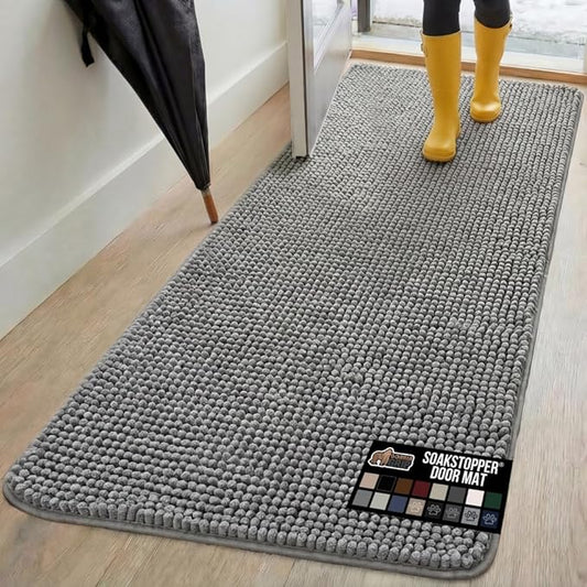 GORILLA GRIP SoakSTOPPER Dog Door Mat, 70x24 Machine Washable Rug Absorbent Doormat Captures Moisture Mud Dirt, Quick Dry Soft Chenille Entryway Rugs Indoor Entrance Mats for Dog Paws, Grey