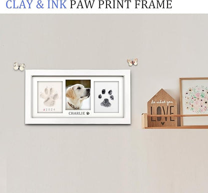 MYPAWLETS Paw Print Frame Kit,Dog/Cat Paw Print Kit,Soft Pawprint Clay&Clean Touch Ink Pad,Pet Paw Print Impression Kit with Customization Tool,Wooden Pet Memorial Frame,DIY Dog Lover Gifts-White