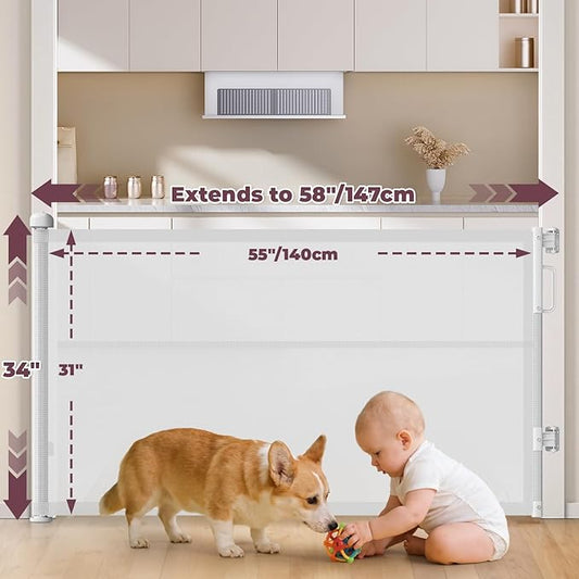 2Pack Retractable Baby Gates for Stairs, 58" Extra Wide Mesh Dog Gate for Doorways, Home Saftey Gate for Child Toddler Pet, Indoor and Outdoor Use, Easy Install, 34" Height, White