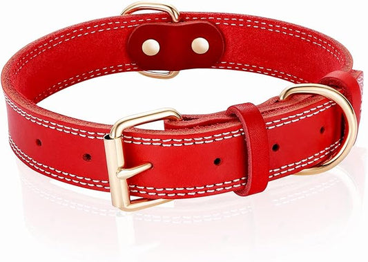 Genuine Leather Dog Collar,Heavy Duty Dog Collar for Small,Medium,Large and Extra Large Dog (XL: 1.4" Wide for 18.6"-25.8" Neck,Dual Stitch - Red)