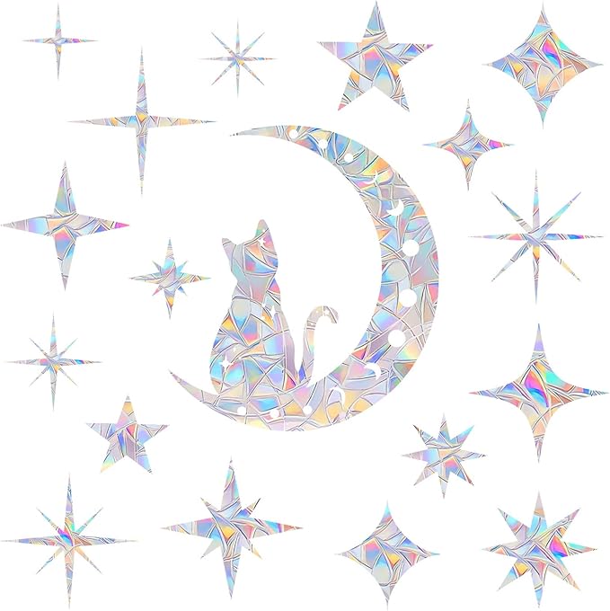 18 Pieces Cat Moon and Star Window Clings - Anti-Collision Decals to Save Birds from Glass Collisions,Non Adhesive, Reusable Rainbow Stickers