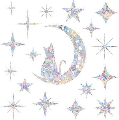 18 Pieces Cat Moon and Star Window Clings - Anti-Collision Decals to Save Birds from Glass Collisions,Non Adhesive, Reusable Rainbow Stickers