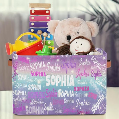 Personalized Name Storage Basket with Handles, Canvas Storage Bins Toys Clothes Organizer for Bedroom, Kitchen, Bathroom, Nursery, Shelves, Closets, Purple Blue Galaxy with Stars