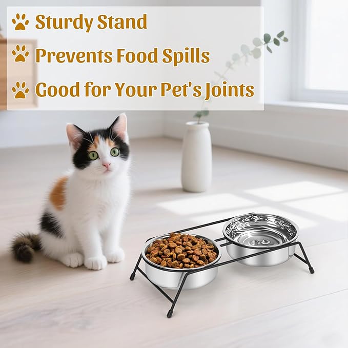 Raised Cat Bowls Cat Feeder Holders 2 Stainless Steel Elevated Pet Water Food Bowl for Cats Puppies Rabbits (2 Bowls)