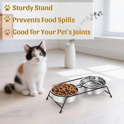 Raised Cat Bowls Cat Feeder Holders 2 Stainless Steel Elevated Pet Water Food Bowl for Cats Puppies Rabbits (2 Bowls)