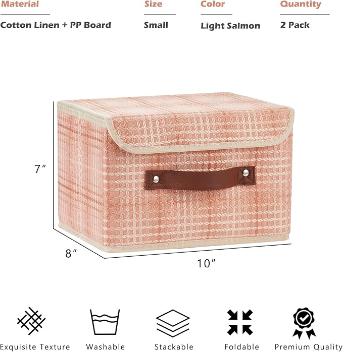 2PCS Storage Boxes with Lid 3D Textured Fabric Storage Bins Closet Organizer Containers Decorative Collapsible Washable Shelf Baskets with Faux Leather Handles (Light Salmon, Small Size)