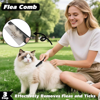 3PCS Self Cleaning Slicker Brush & Pet Grooming Rake & Flea Comb for Dogs,Cats and Horses | Double-Sided Dematting Comb & Skin Friendly Deshedding Grooming Tool | Premium Pet Supplies（Gray)