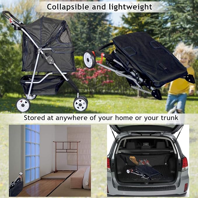 Dkeli 3-Wheel Pet Stroller, Lightweight Foldable Dog Stroller for Small Medium Dogs & Cats, Breathable Mesh & Weather Cover with Storage Basket, for Daily Walk Outdoor Travel (Black)