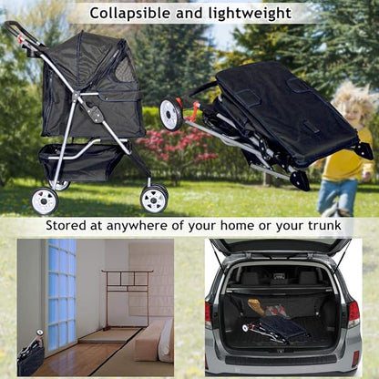 Dkeli 3-Wheel Pet Stroller, Lightweight Foldable Dog Stroller for Small Medium Dogs & Cats, Breathable Mesh & Weather Cover with Storage Basket, for Daily Walk Outdoor Travel (Black)