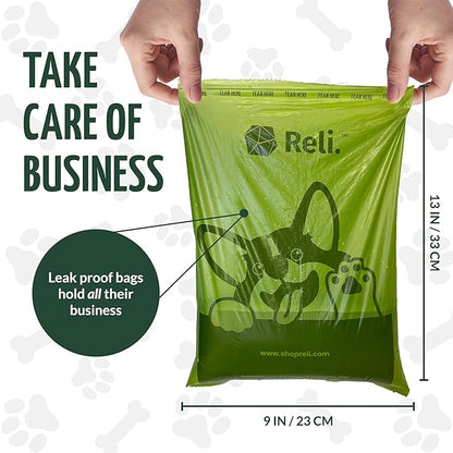 Reli. Biodegradable Dog Poop Bags w/Holder (1200 Count - 80 Rolls Bulk) | Leash Clip Dispenser | 9x13" Large Dog Bags for Poop | Green Eco-Friendly Oxobiodegradable Waste Disposal Refills (Unscented)